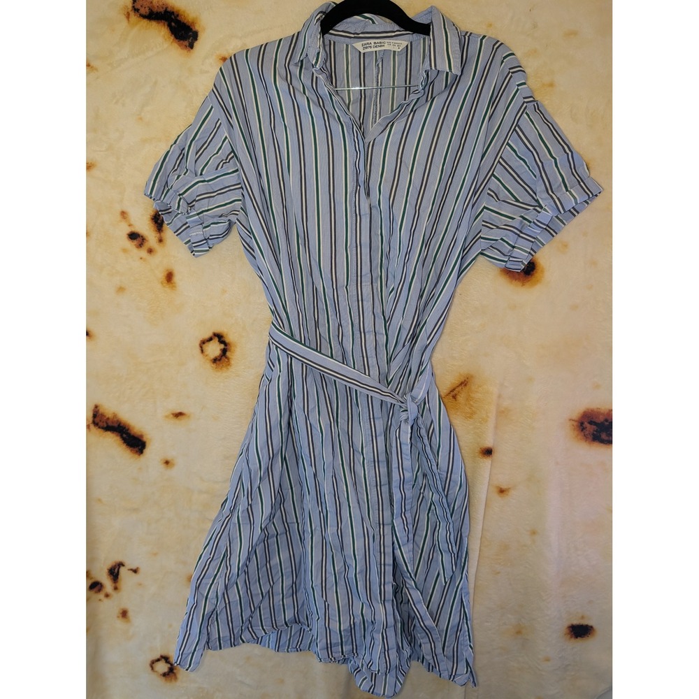 Zara Shirt Dress Womens L Blue Striped Short Sleeve Belted Casual Midi Everyday